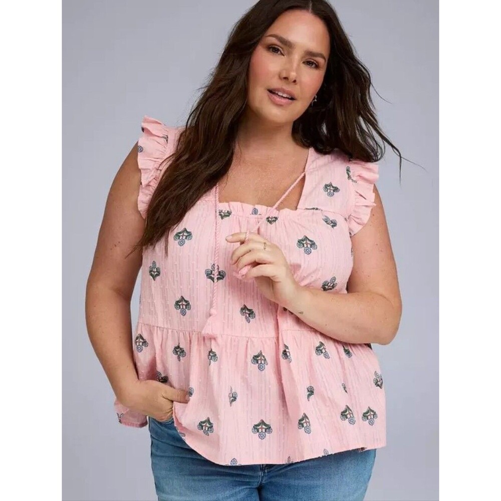 NWT Torrid Belle Isle Tie-Front Tiered Top Womens 2 2X 18-20 Pink Flower Cotton